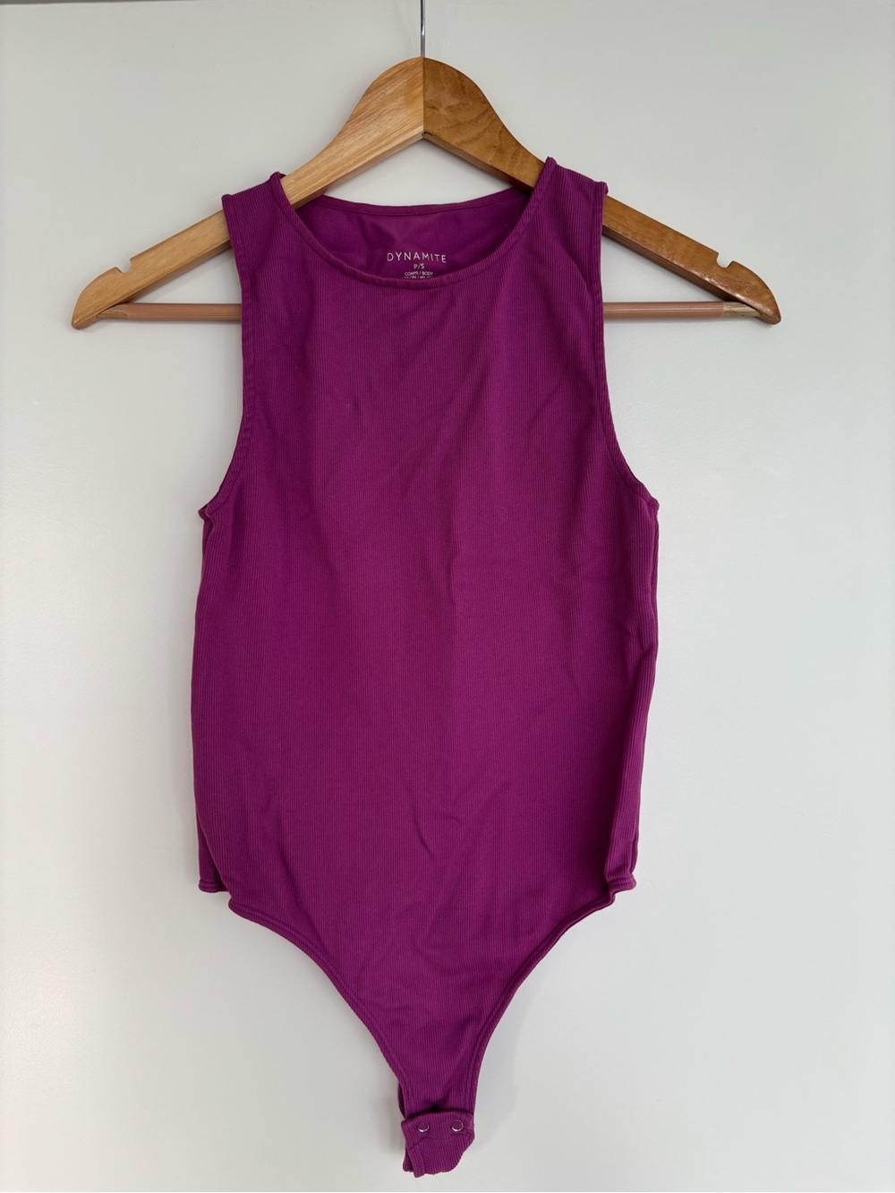 Dynamite 12” PTP Women’s Ribbed Tank One-Piece Bodysuit, Purple, Size Small.